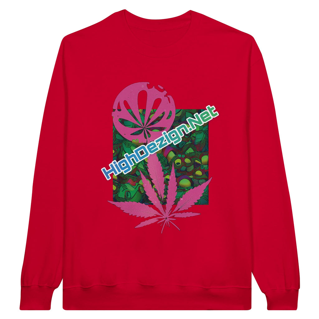 A red crewneck sweatshirt featuring a large graphic print on the front with pink cannabis leaves, a green patterned background, and the text 'HighDezign.Net' in blue and green.