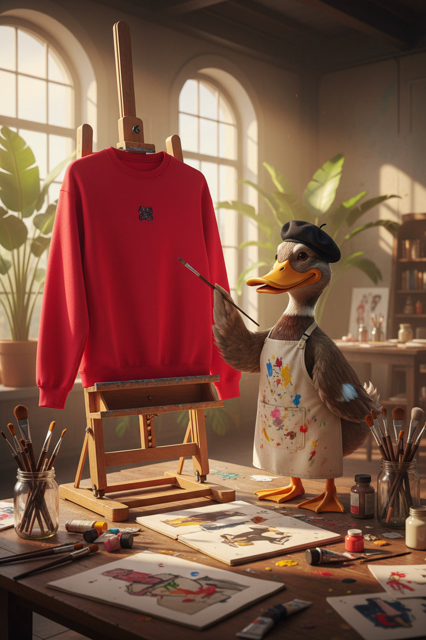 A bright red crewneck sweatshirt with a small black and white graphic logo centered on the upper chest, displayed on a solid white background.