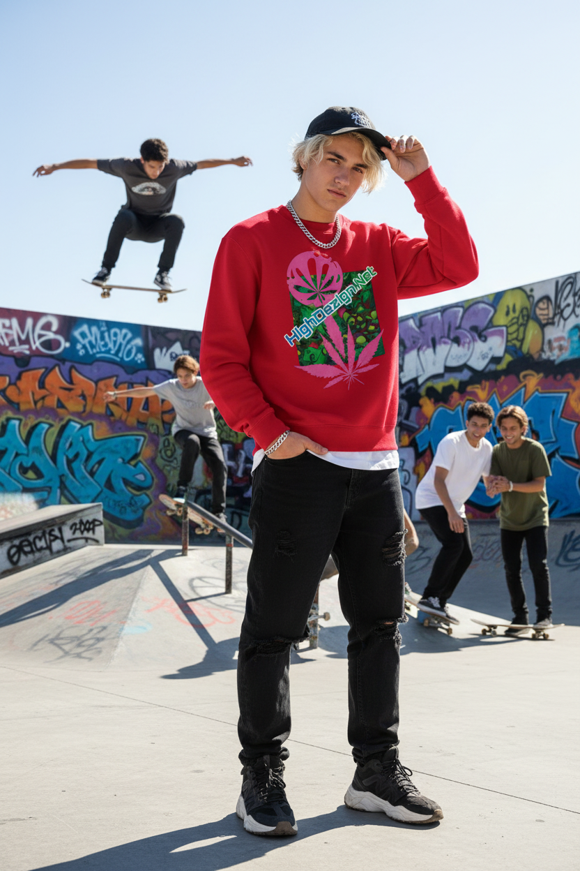 A red crewneck sweatshirt featuring a graphic print of pink cannabis leaves over a green leafy background, with the text 'HighDezign.Net' in light blue across the center.