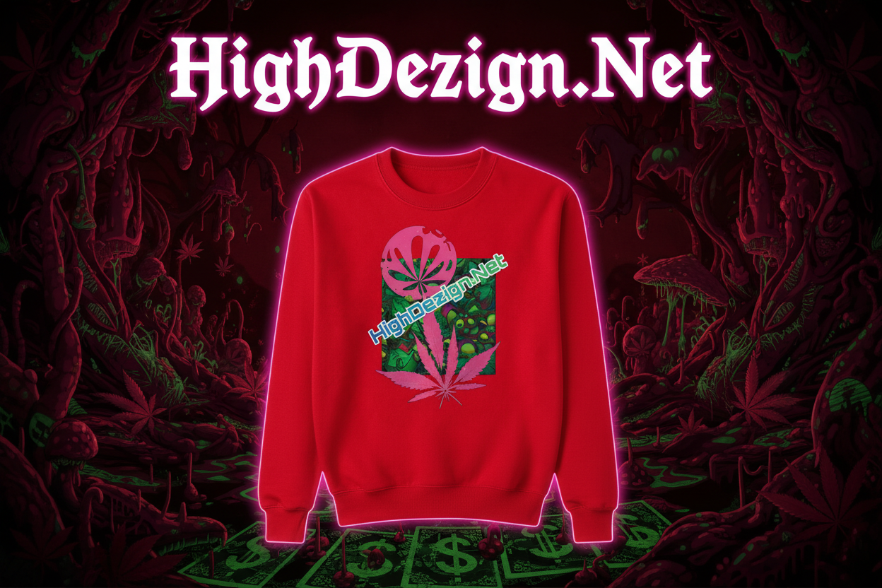 A close-up of a bright red crewneck sweatshirt featuring a colorful graphic print on the chest. The graphic includes a pink cannabis leaf at the top and bottom, a green patterned square in the center, and the text 'HighDezign.net