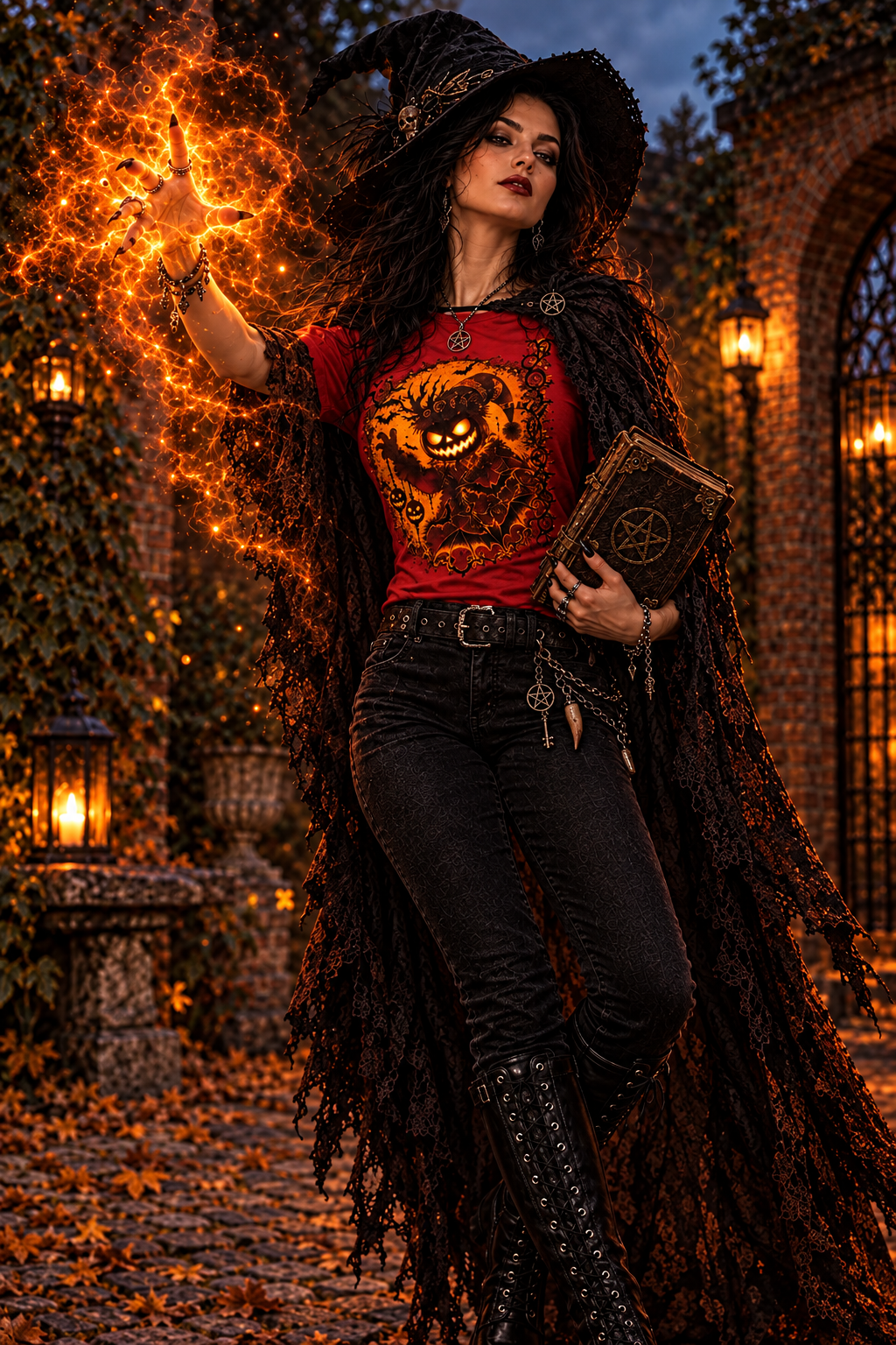A woman stands outdoors in front of a brick wall and arched doorway at dusk, wearing a bright red graphic T-shirt with a large orange and black skull-and-bone style print on the front, paired with black jeans and black lace-up boots.