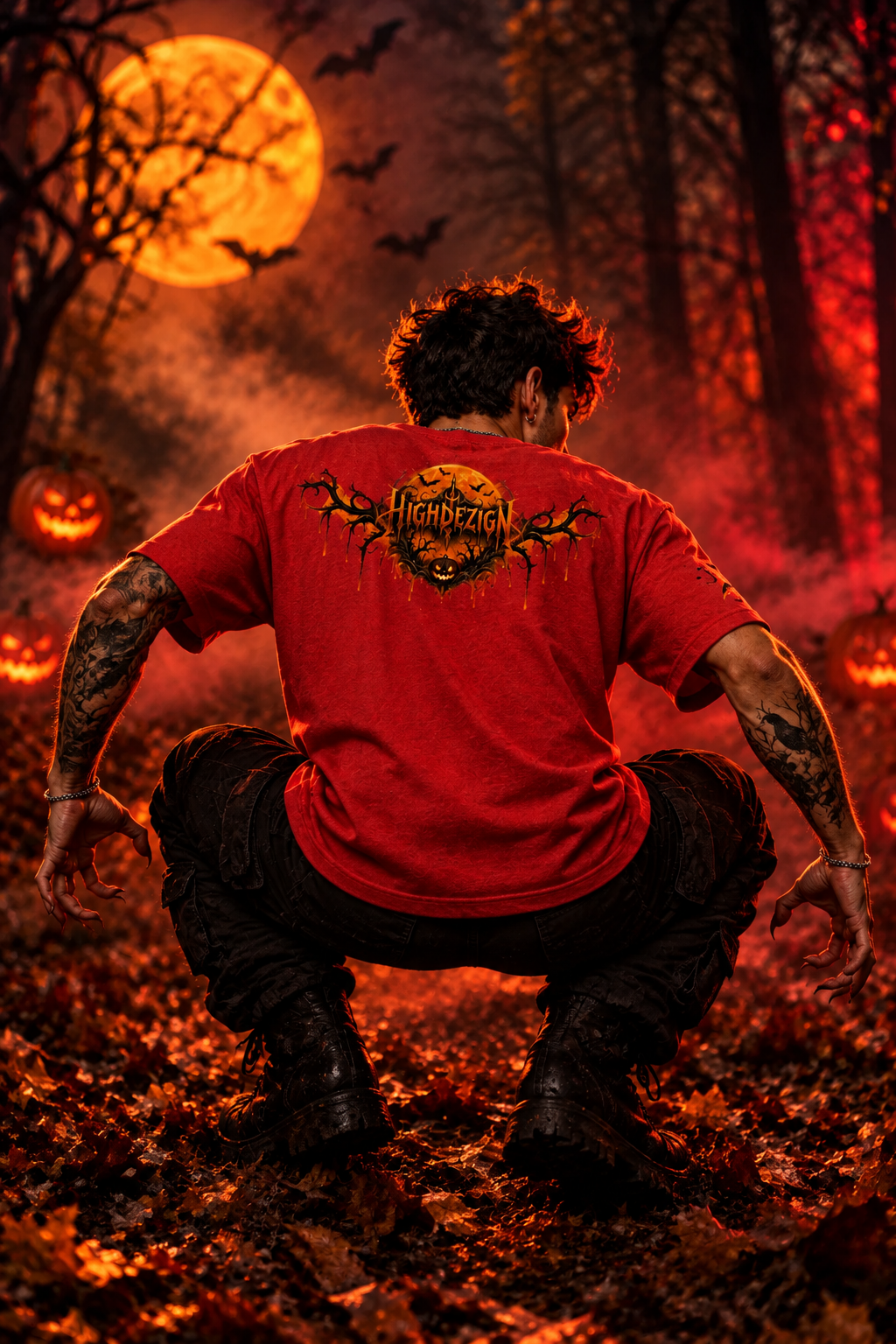 A man viewed from behind wearing a red graphic t-shirt with a Halloween-themed design on the back, standing in a spooky forest setting with pumpkins and a full moon.