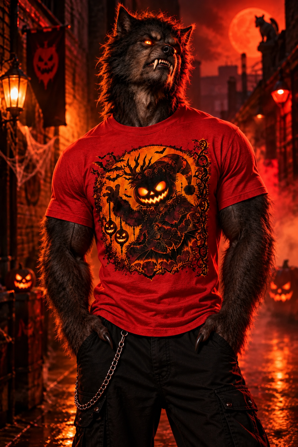 A man wearing a red graphic t-shirt with a spooky cartoon monster design, standing in a Halloween-themed street scene with jack-o'-lanterns and a full moon.