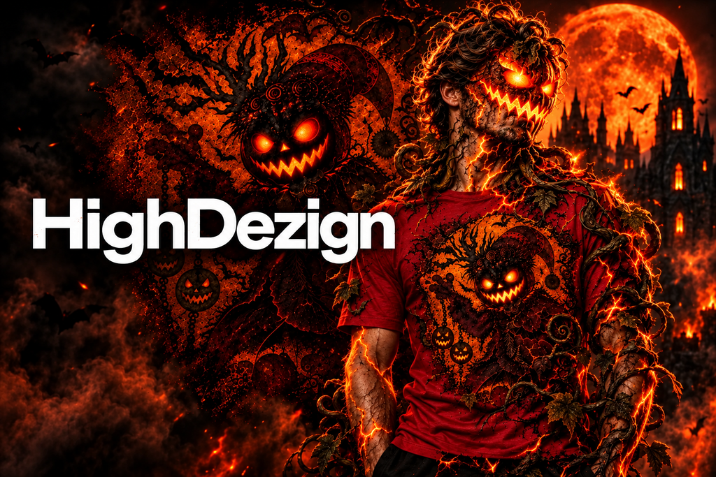 A dark, fiery promotional graphic featuring a man in a red graphic T-shirt with a glowing jack-o'-lantern print, surrounded by flames and vines against a haunted-house backdrop with a large full moon. The text 'HighDezign' appears prominently on the left.