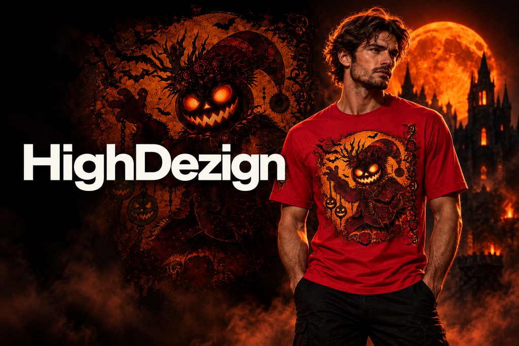 A man wearing a red graphic t-shirt with a spooky jack-o'-lantern design, standing in front of a dark, fiery Halloween-themed background with a large full moon and castle. The text 'HighDezign' is displayed on the left side.