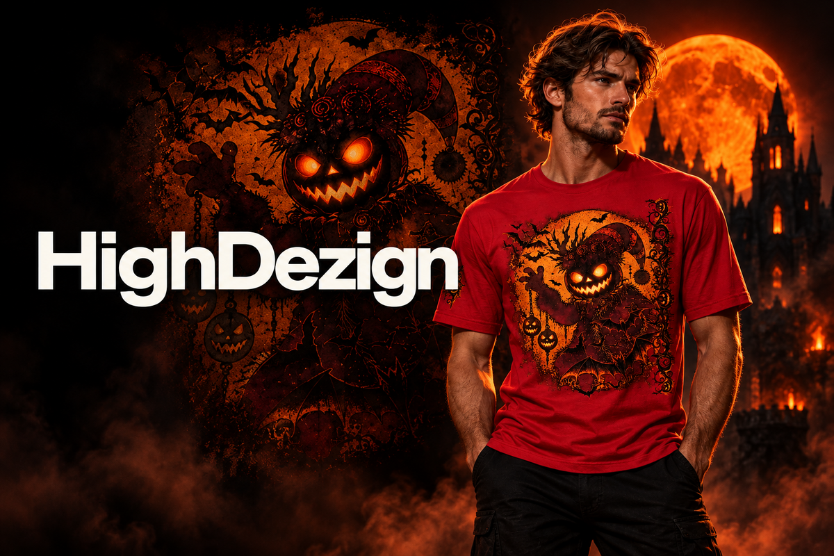A man wearing a red graphic t-shirt with a spooky jack-o'-lantern design, standing in front of a dark, fiery Halloween-themed background with a large full moon and castle. The text 'HighDezign' is displayed on the left side.