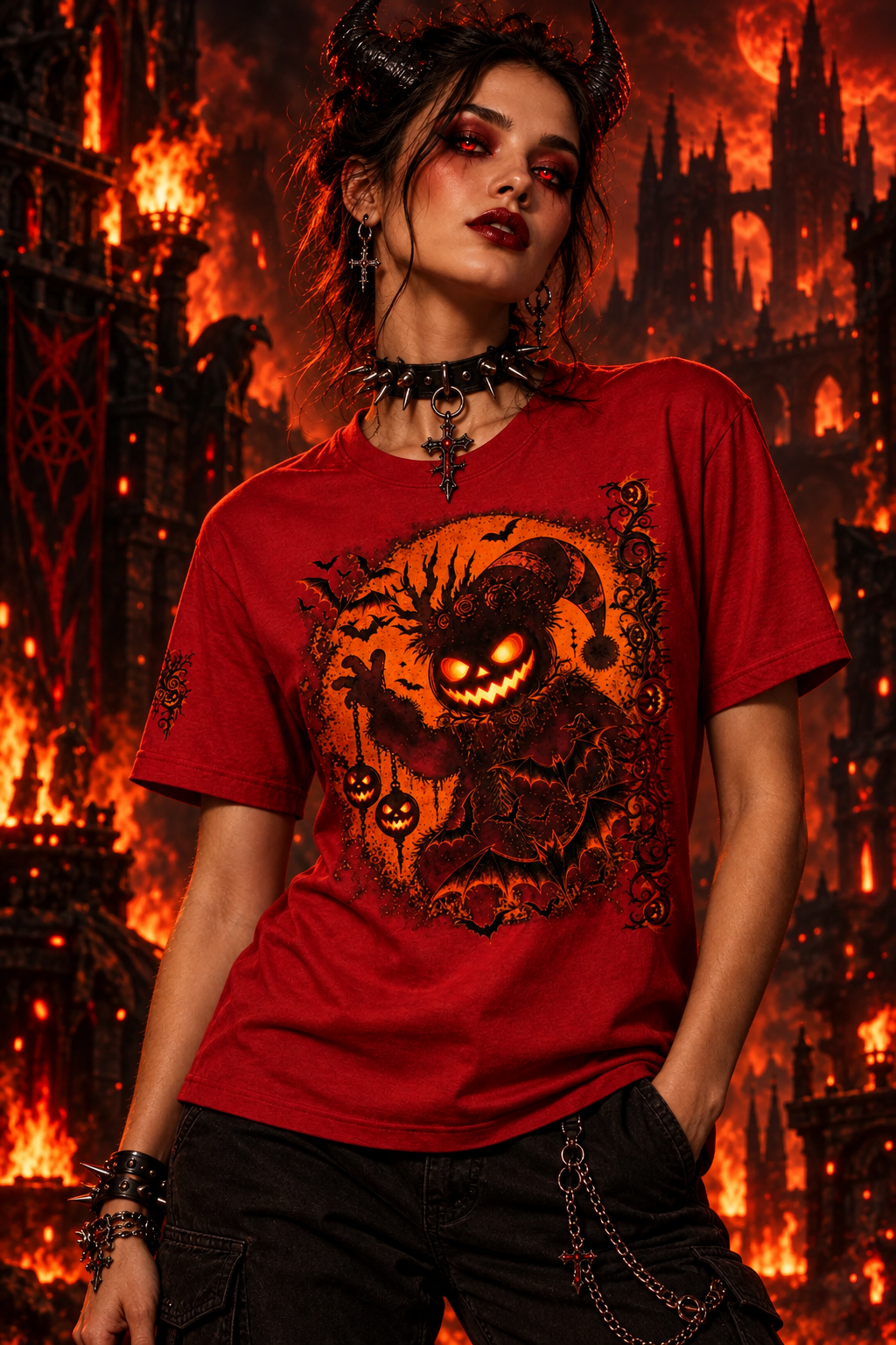 A woman wearing a red graphic t-shirt with a spooky jack-o'-lantern and bat design, set against a dark, atmospheric gothic street background at night.