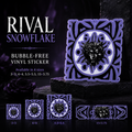 Purple and white 'Rival Snowflake' vinyl sticker shown on a dark gothic background, with text listing bubble-free vinyl sticker sizes and four smaller size variants along the bottom.