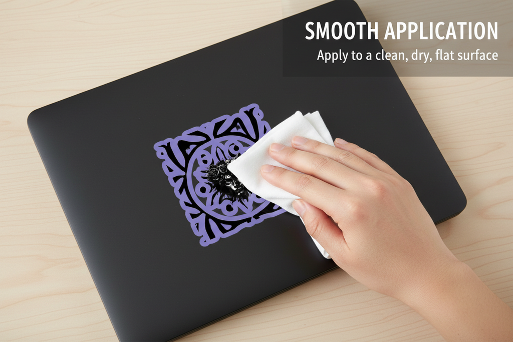 A hand wipes a black surface with a white cloth, applying a purple decorative sticker or decal to a black laptop lid. Text in the top right reads 'SMOOTH APPLICATION Apply to a clean, dry, flat surface' on a light wood background.