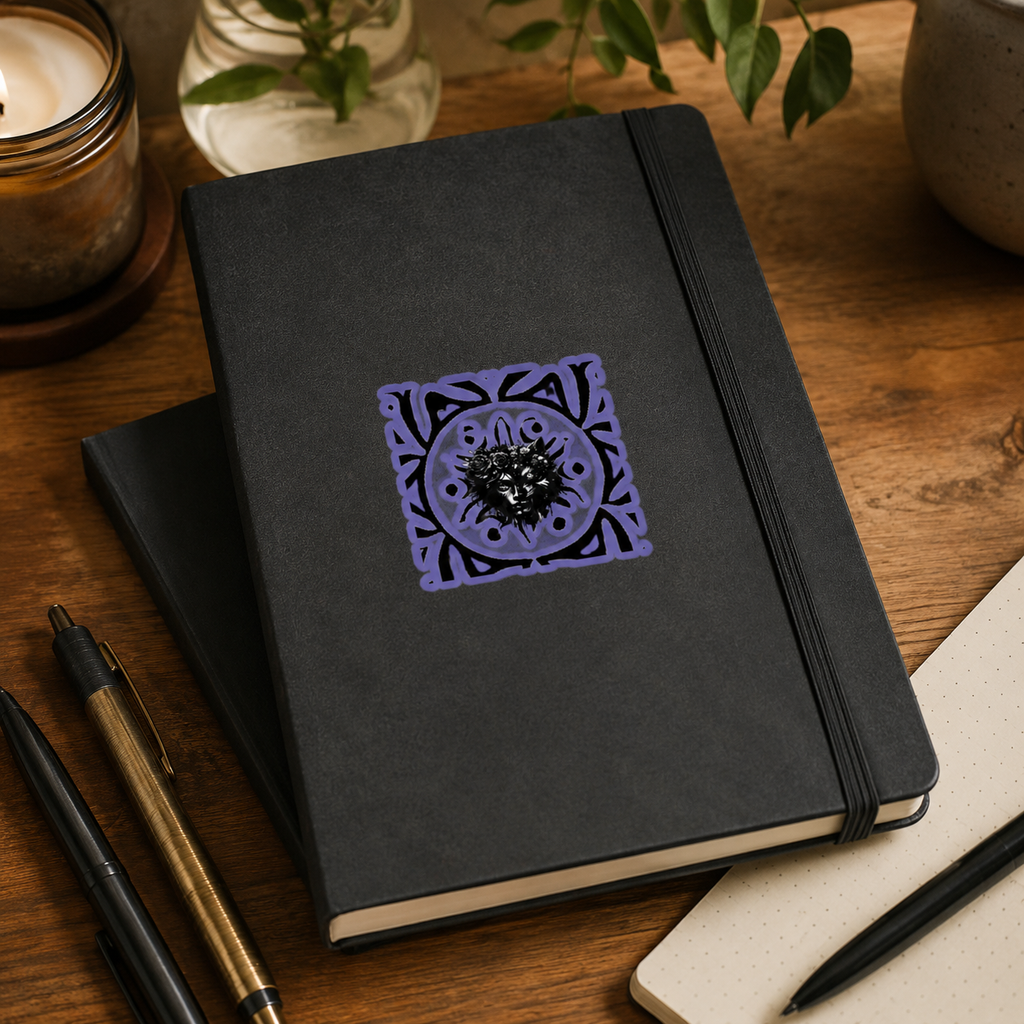 A black hardcover notebook with an elastic closure and a decorative purple square floral emblem on the front, styled on a wooden desk with pens, a candle, and plants.