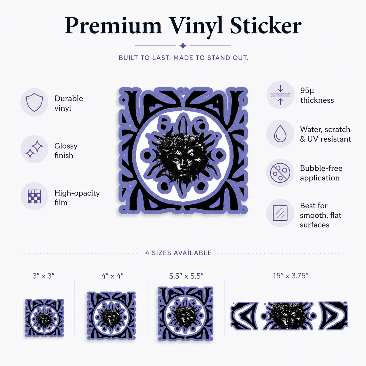 Promotional graphic for premium vinyl stickers showing a decorative square tile design with a black lion face in the center and ornate blue-purple border details. Text highlights product features like durable vinyl, glossy finish, water and scratch resistance, bubble-free application, and suitability for smooth flat surfaces.
