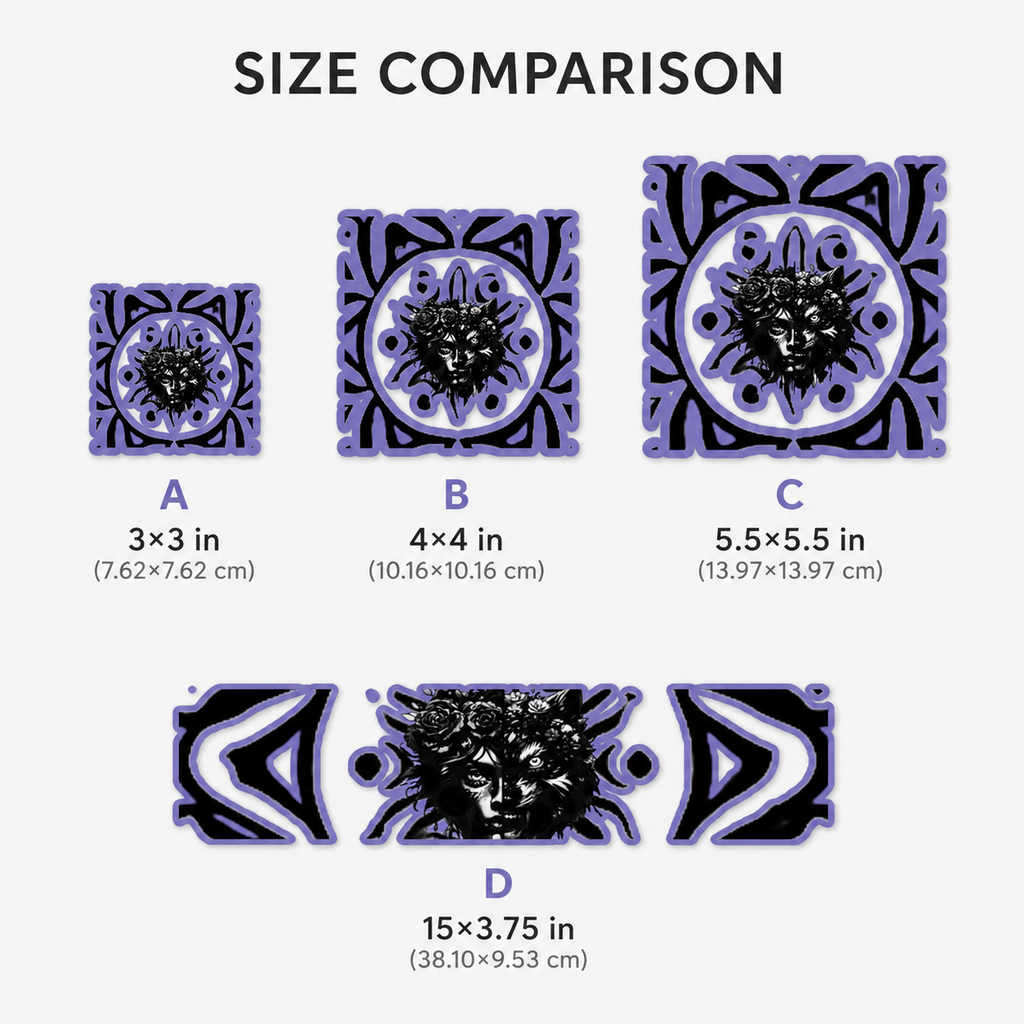 Size comparison chart showing four decorative tile or panel designs labeled A, B, C, and D with dimensions in inches and centimeters on a light gray background.