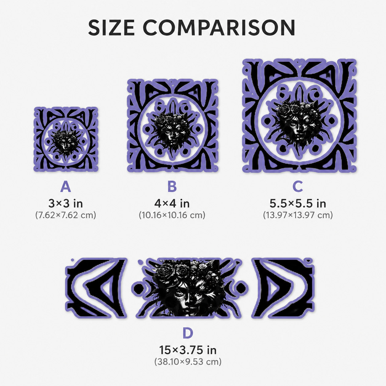 Size comparison chart showing four decorative tile or panel designs labeled A, B, C, and D with dimensions in inches and centimeters on a light gray background.