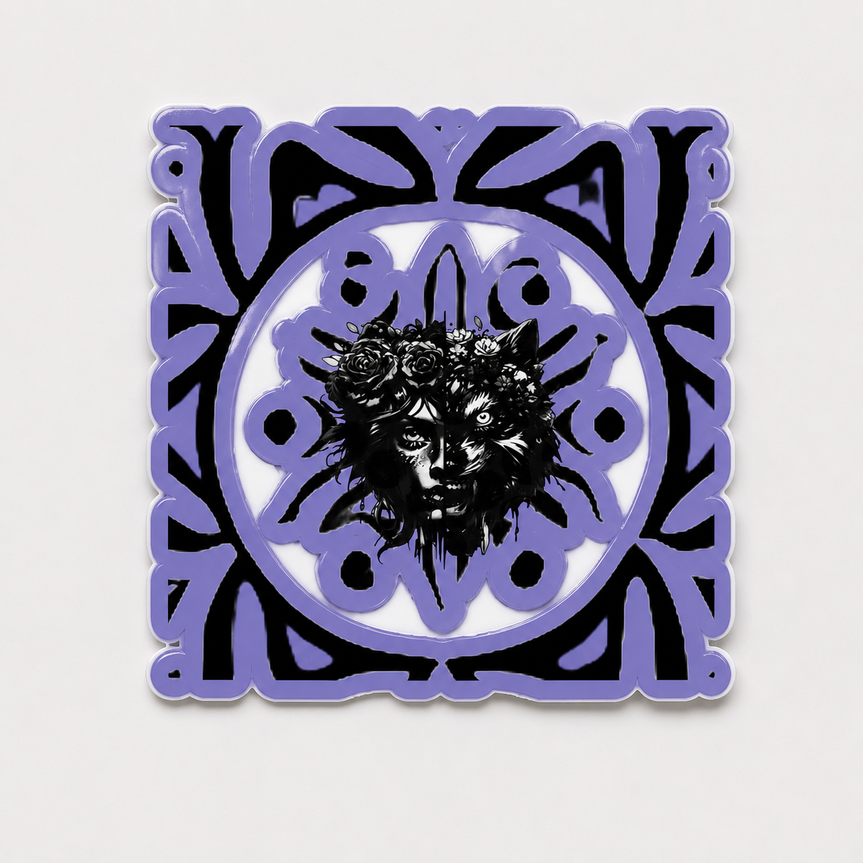 A square decorative sticker or art print featuring a black and white illustration of a face with roses and a sword, surrounded by a circular floral motif, all framed by an ornate purple border on a light gray background.