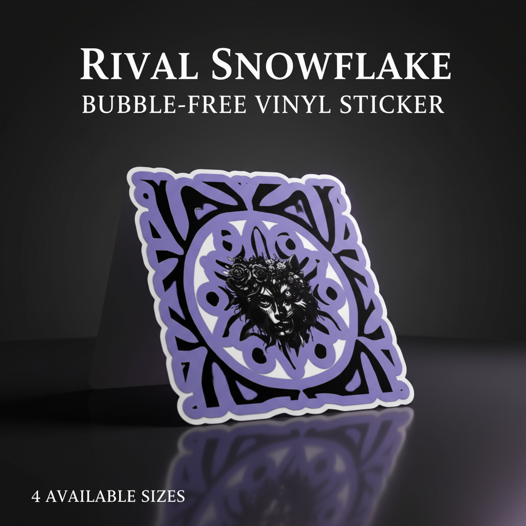 A promotional graphic for a holographic sticker featuring a snowflake design with a central wolf head motif. The sticker has an iridescent rainbow sheen and is shown on a dark background with text reading 'RIVAL SNOWFLAKE HOLOGRAPHIC STICKER' and size options at the bottom.