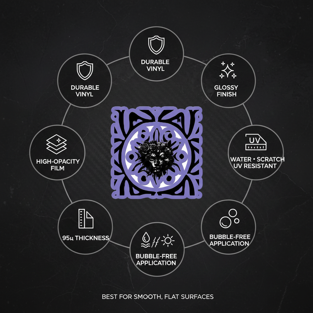 A circular infographic on a dark textured background showing the UV-protective qualities of a purple and black patterned vinyl wrap. The central square wrap features a stylized black panther head.