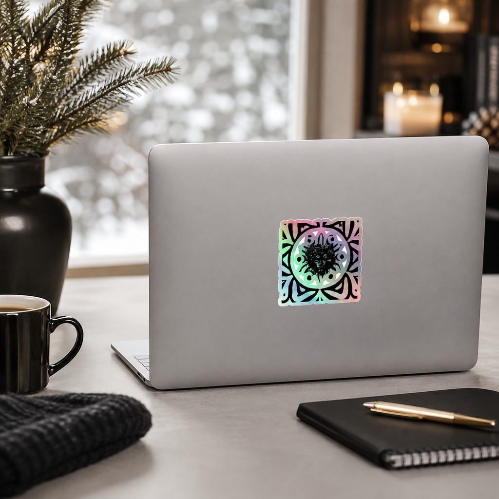 A square holographic sticker with a black mandala design and the text 'S.O.