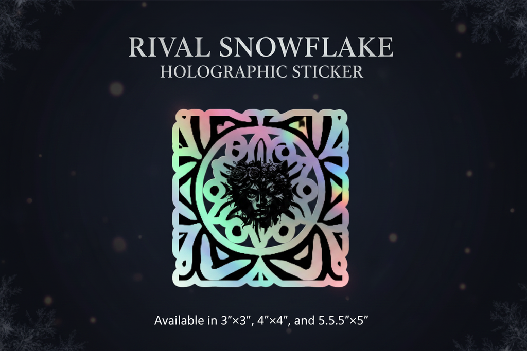 A promotional graphic for a holographic sticker featuring a snowflake design with a central wolf head motif. The sticker has an iridescent rainbow sheen and is shown on a dark background with text reading 'RIVAL SNOWFLAKE HOLOGRAPHIC STICKER' and size options at the bottom.