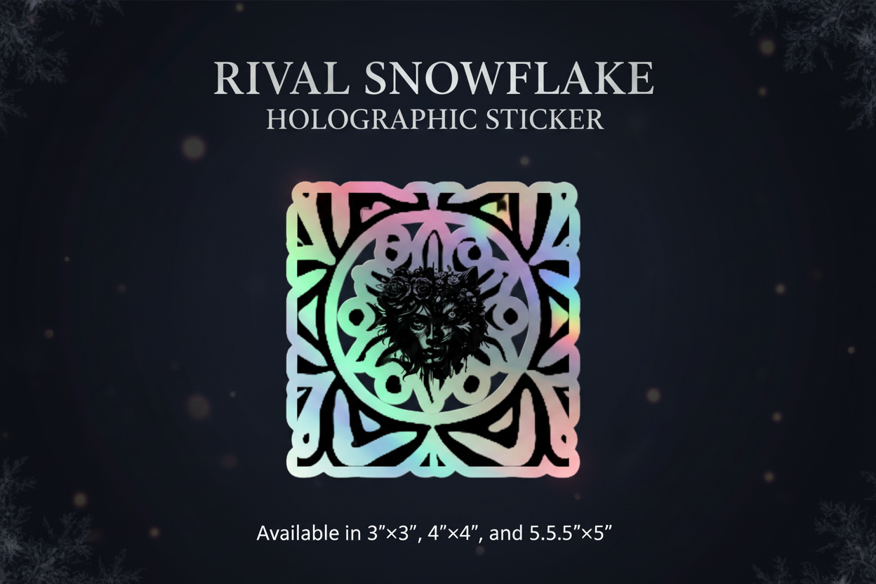 A promotional graphic for a holographic sticker featuring a snowflake design with a central wolf head motif. The sticker has an iridescent rainbow sheen and is shown on a dark background with text reading 'RIVAL SNOWFLAKE HOLOGRAPHIC STICKER' and size options at the bottom.