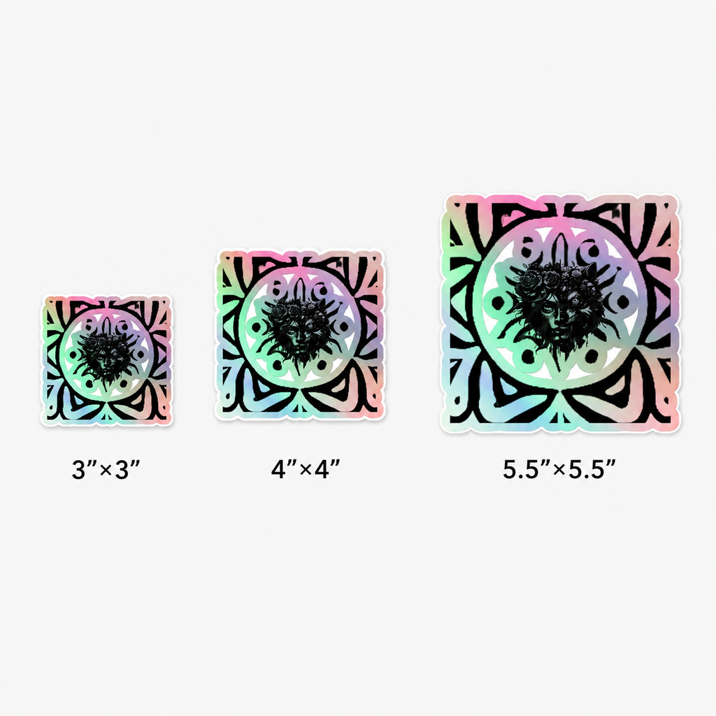 Three square decorative panels with a black mandala-style central design and pastel rainbow border are shown in three sizes: 3"x3", 4"x4", and 5.5"x5.