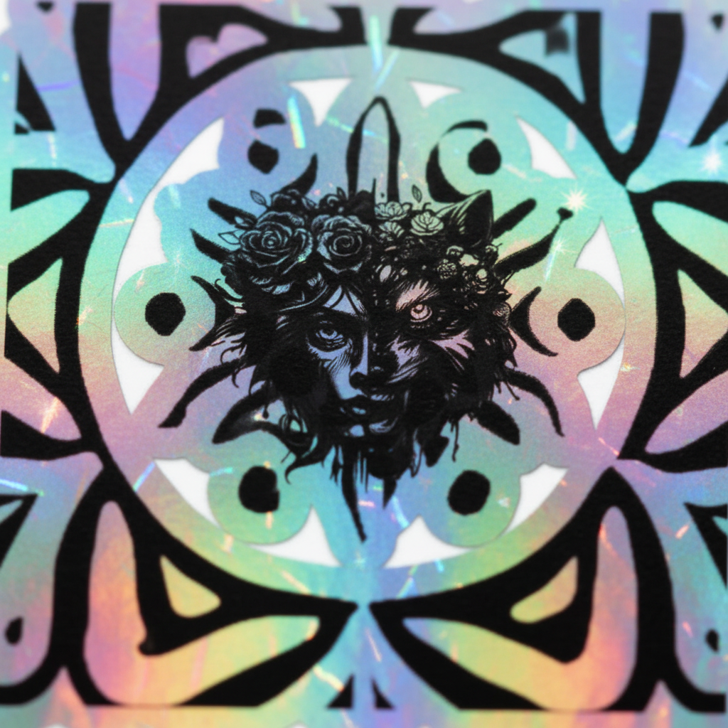 A square graphic design featuring a black illustrated face with roses and a sword, centered within a circular motif on a holographic rainbow background.
