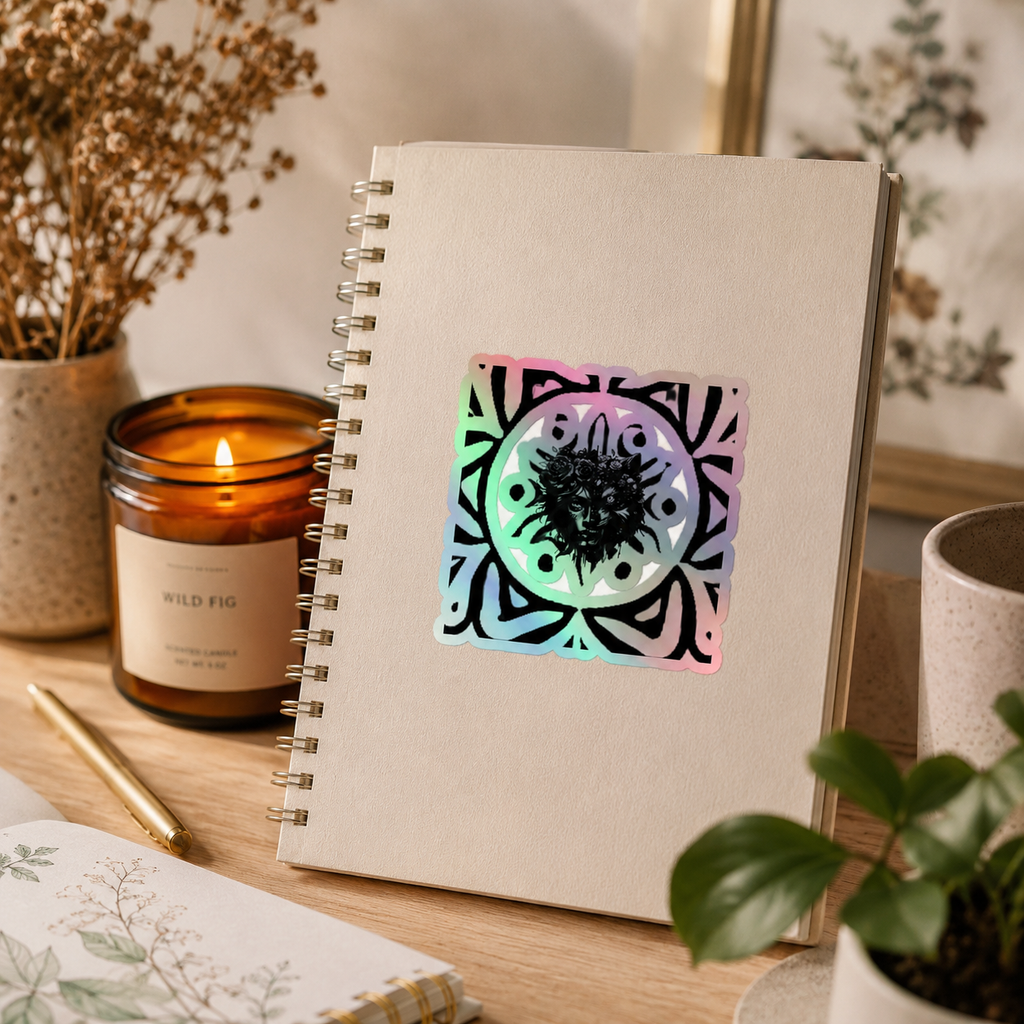 A cream-colored spiral notebook with a square holographic sticker featuring a black mandala design and the word 'BAMA' in the center, styled on a wooden desk next to a lit amber candle, a gold pen, and dried flowers.