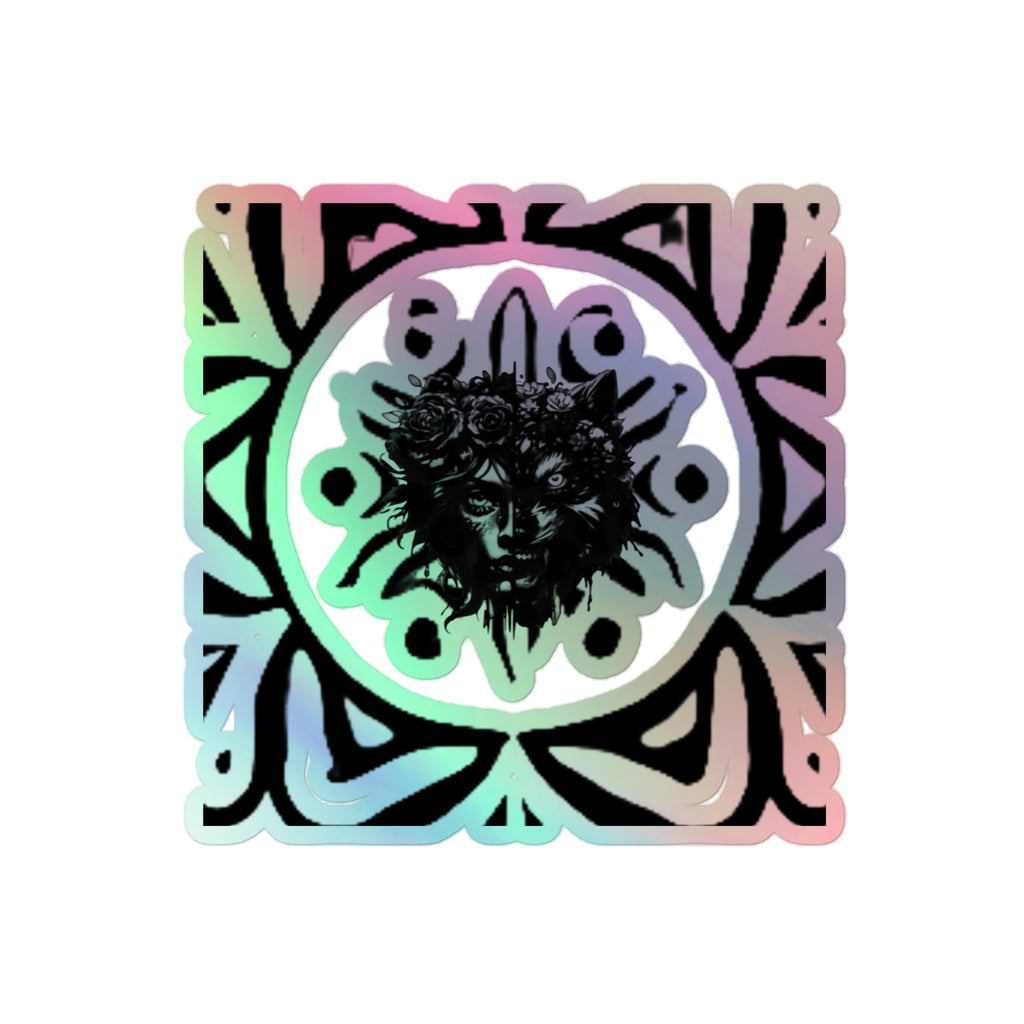 A multicolored holographic vinyl sticker with a snowflake and floral design, embossed in 3D.