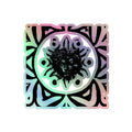 A multicolored holographic vinyl sticker with a snowflake and floral design, embossed in 3D.