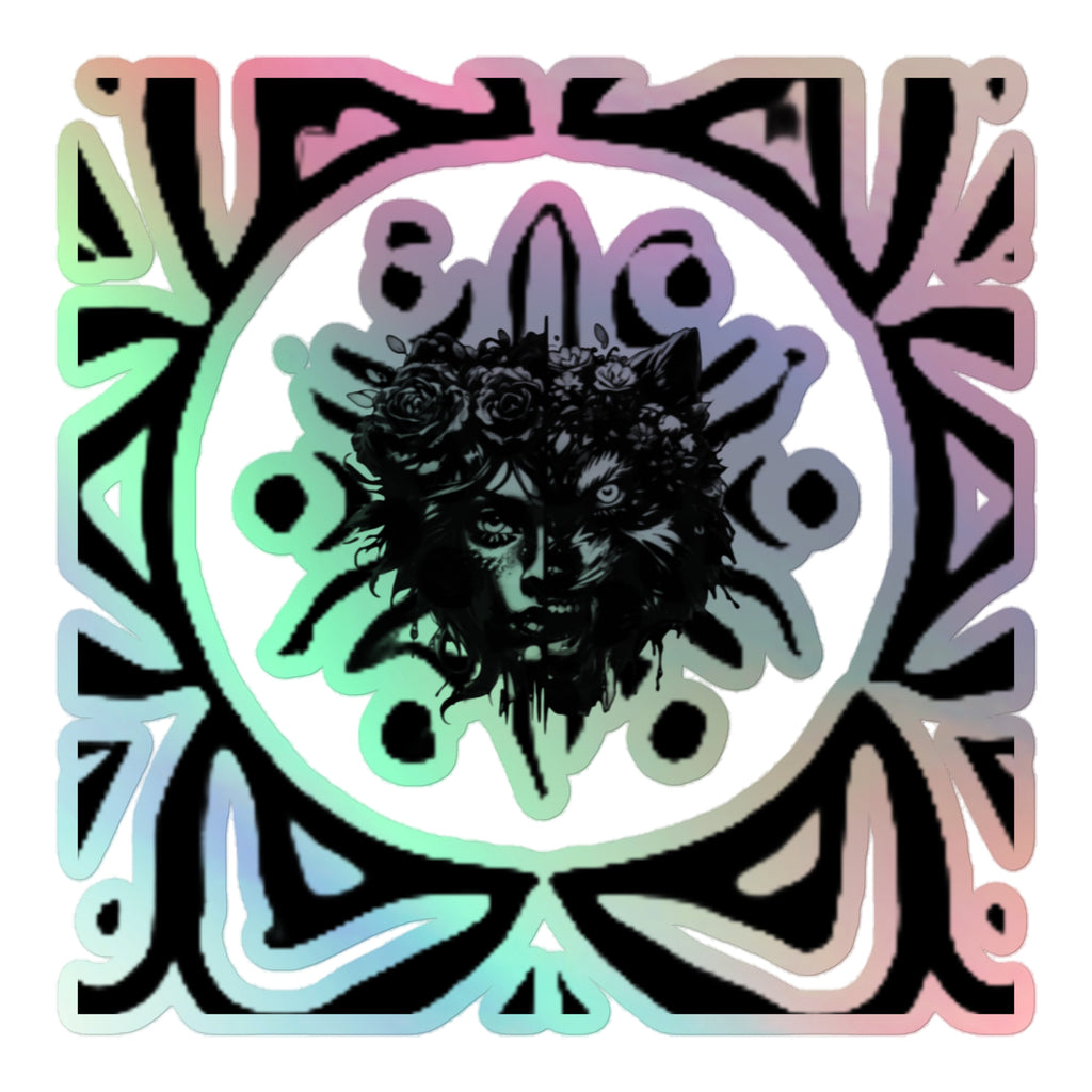 A holographic vinyl sticker with a geometric design featuring a stylized floral motif and abstract patterns in multiple colors.