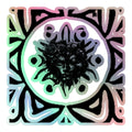 A holographic vinyl sticker with a geometric design featuring a stylized floral motif and abstract patterns in multiple colors.