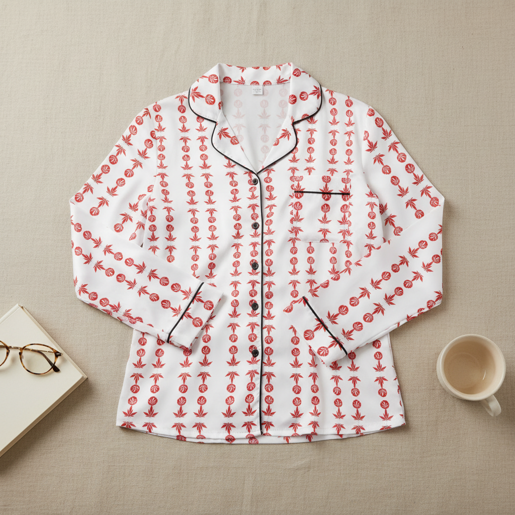 A white long-sleeve pajama shirt with a red repeating umbrella pattern and black piping, laid flat on a beige fabric background with a book, glasses, and a cup nearby.