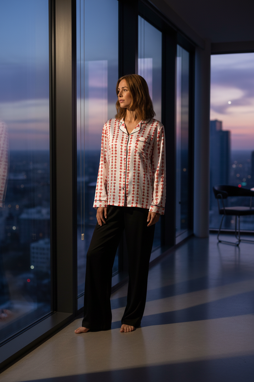 A woman stands barefoot by a large floor-to-ceiling window in a modern room, wearing a long-sleeve pajama shirt with a red and white patterned print and black wide-leg pants, looking out toward a city skyline at dusk.