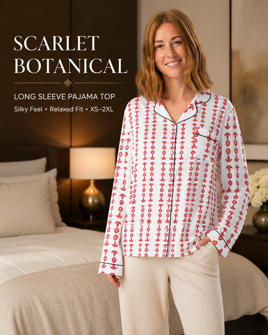A woman stands in a bedroom wearing a long-sleeve pajama top with a white base and red botanical-style vertical pattern, paired with light beige pants. Text on the left reads 'SCARLET BOTANICAL' and 'LONG SLEEVE PAJAMA TOP' with additional fit details.