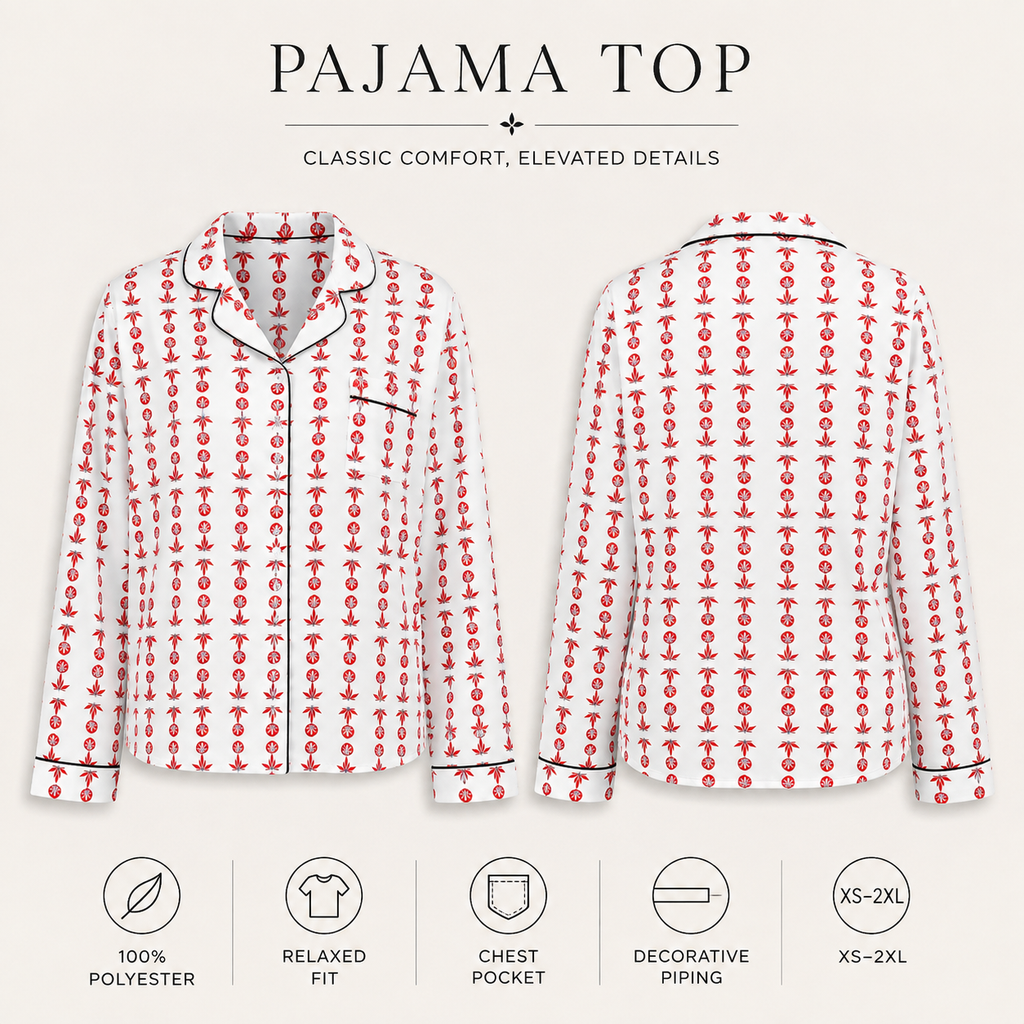 Front and back views of a pajama top with a red anchor pattern on a white background, featuring black piping. The image includes marketing text and feature icons at the top and bottom.