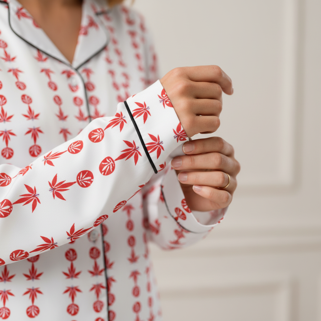 White long-sleeve pajama top with a red cannabis leaf pattern and black piping, shown on a model adjusting the cuff.