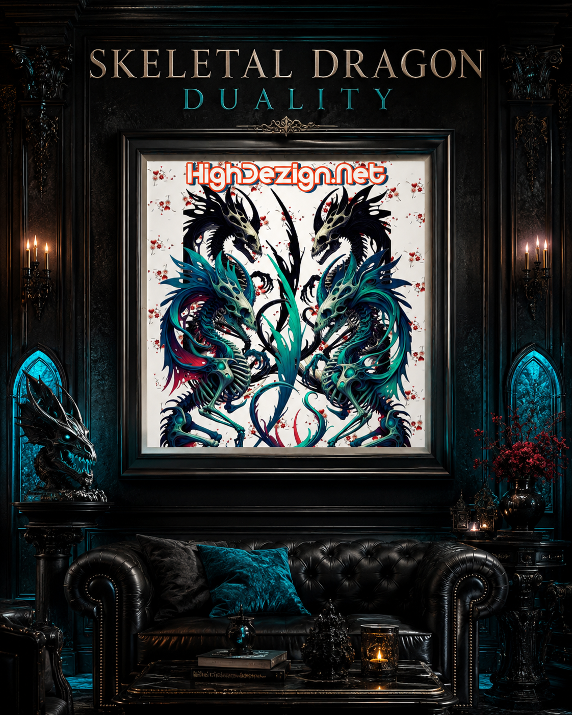A framed gothic-style wall art print showing two symmetrical black and teal dragon figures on a white background, displayed above a dark leather sofa in a moody room. The print includes the text 'HighDesign.