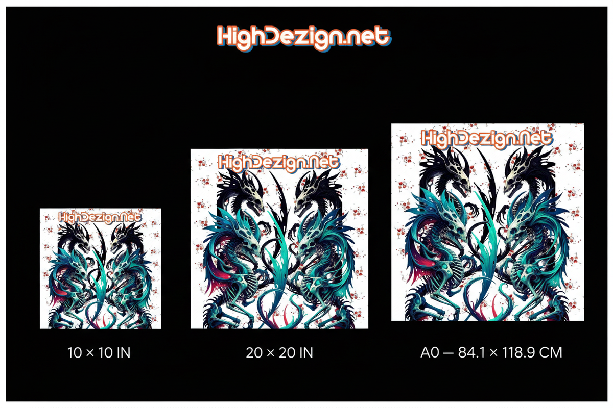 Three size options for a dragon-themed sticker or decal are shown on a black background, labeled 10 x 10 IN, 20 x 20 IN, and A0 - 84.1 x 118.