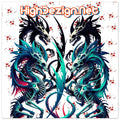 A digital graphic design featuring two symmetrical, stylized dragon figures in black, teal, and blue with red splatter accents on a white background, with the text 'HighDezign.Net' at the top.
