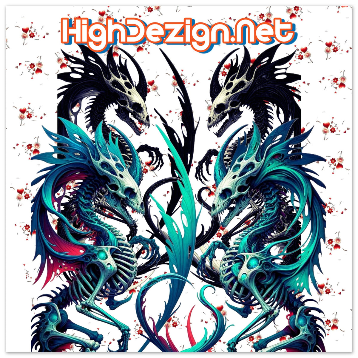 A digital graphic design featuring two symmetrical, stylized dragon figures in black, teal, and blue with red splatter accents on a white background, with the text 'HighDezign.Net' at the top.