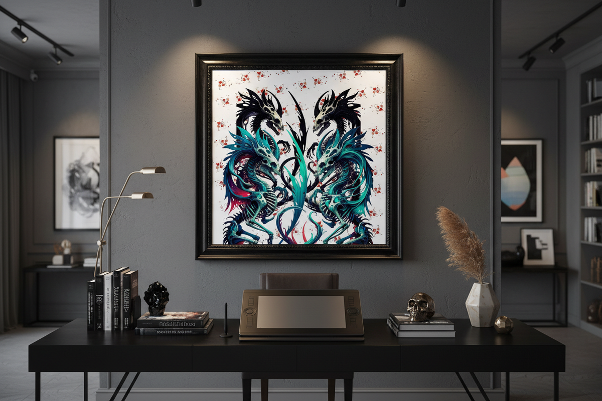 A framed square wall art print featuring a symmetrical black and teal dragon design with small red floral accents, displayed above a dark desk in a modern gray office interior.