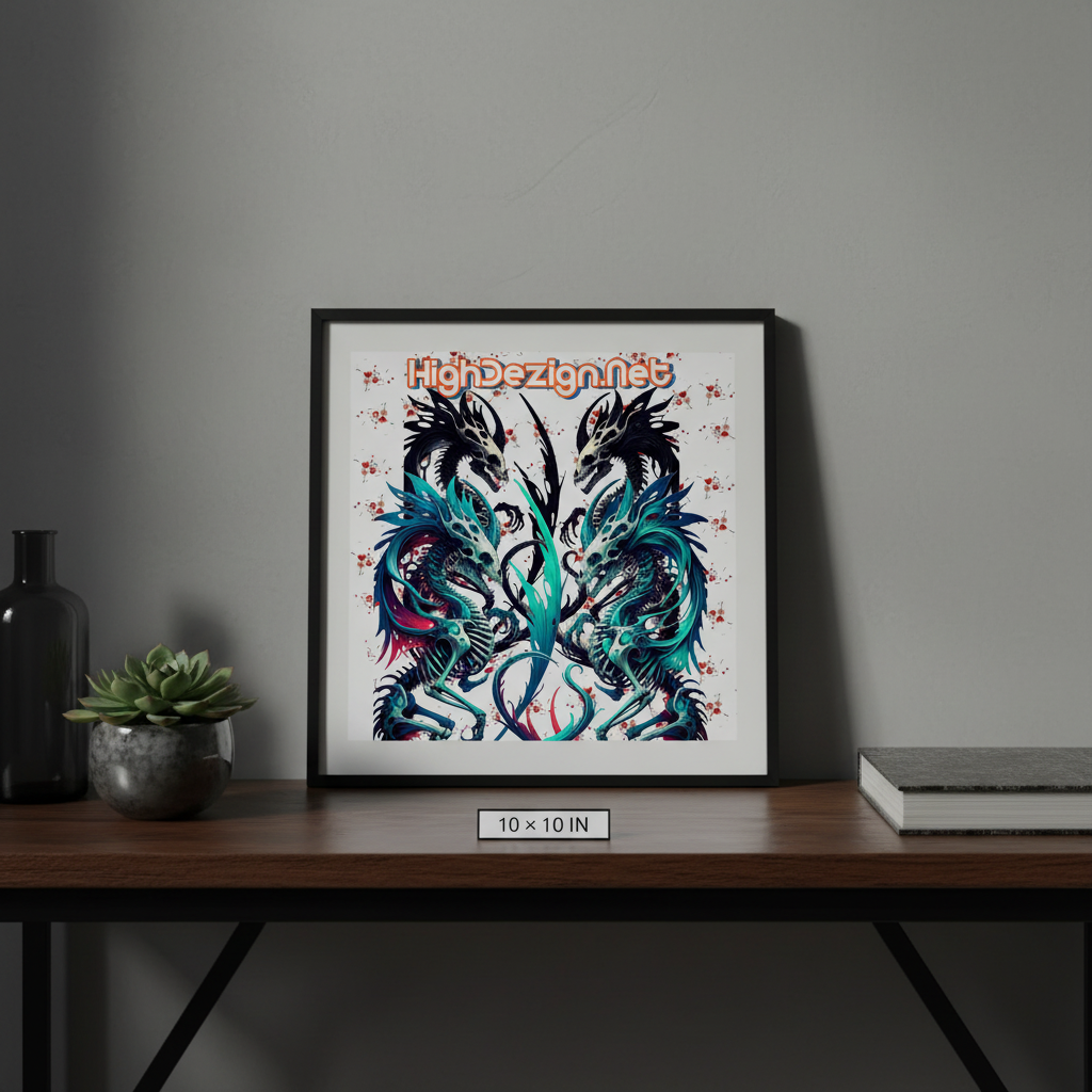 A framed art print featuring two stylized black dragons with vibrant teal, blue, and pink accents, displayed on a wooden table against a gray wall.