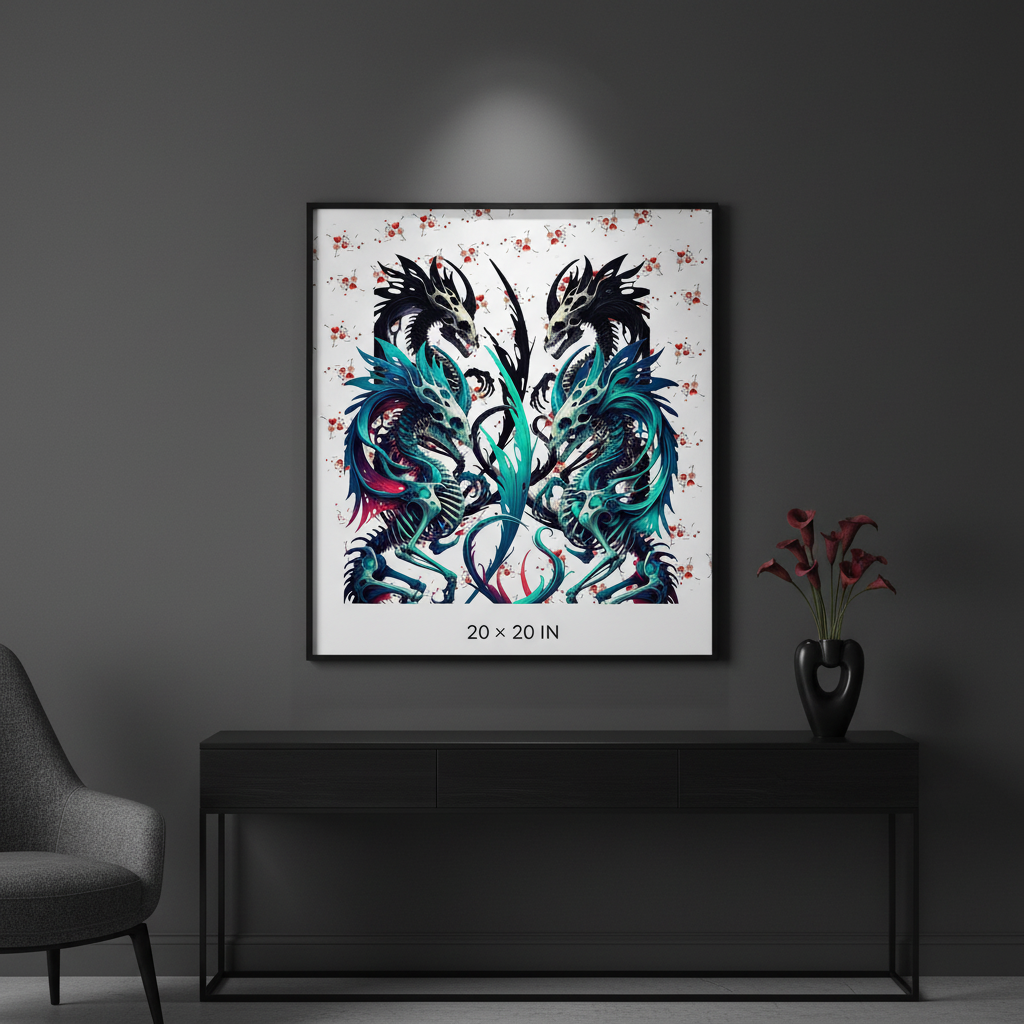 A framed wall art print featuring two stylized dragons in black, teal, and blue with small red floral accents on a white background, displayed above a black console table in a dark gray room. The print includes the text '20 x 20 IN' at the bottom.