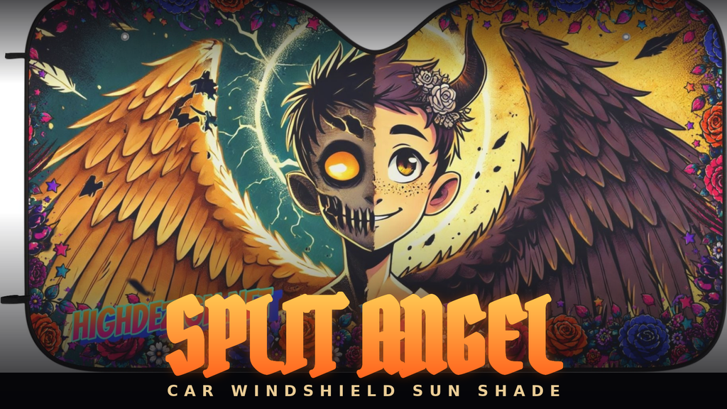 A car windshield sun shade featuring a split design of an angel and a demon with large wings, shown against a black background with the text 'SPLIT ANGEL' and 'CAR WINDSHIELD SUN SHADE'.
