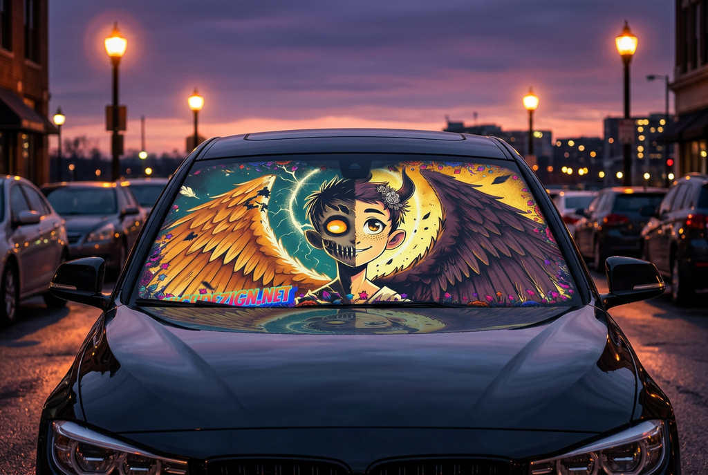 A large custom-printed car windshield sun shade featuring a colorful anime-style winged character, displayed on the windshield of a black car parked on a city street at dusk.