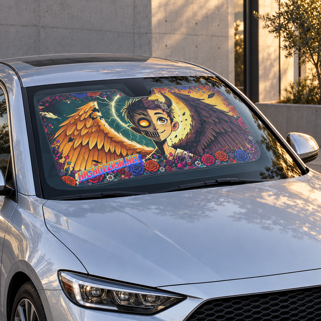 A car windshield sun shade featuring a colorful graphic of a winged character with a flower crown, displayed on the windshield of a silver car in an outdoor setting.