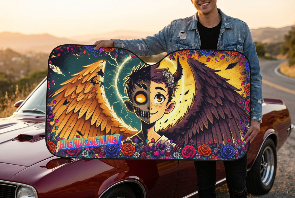 A person stands beside a red classic car on a road at sunset, holding up a large rectangular sun shield. The sun shield features a colorful fantasy illustration with large golden and brown wings, a stylized face with a flower in the hair, lightning, and floral borders.