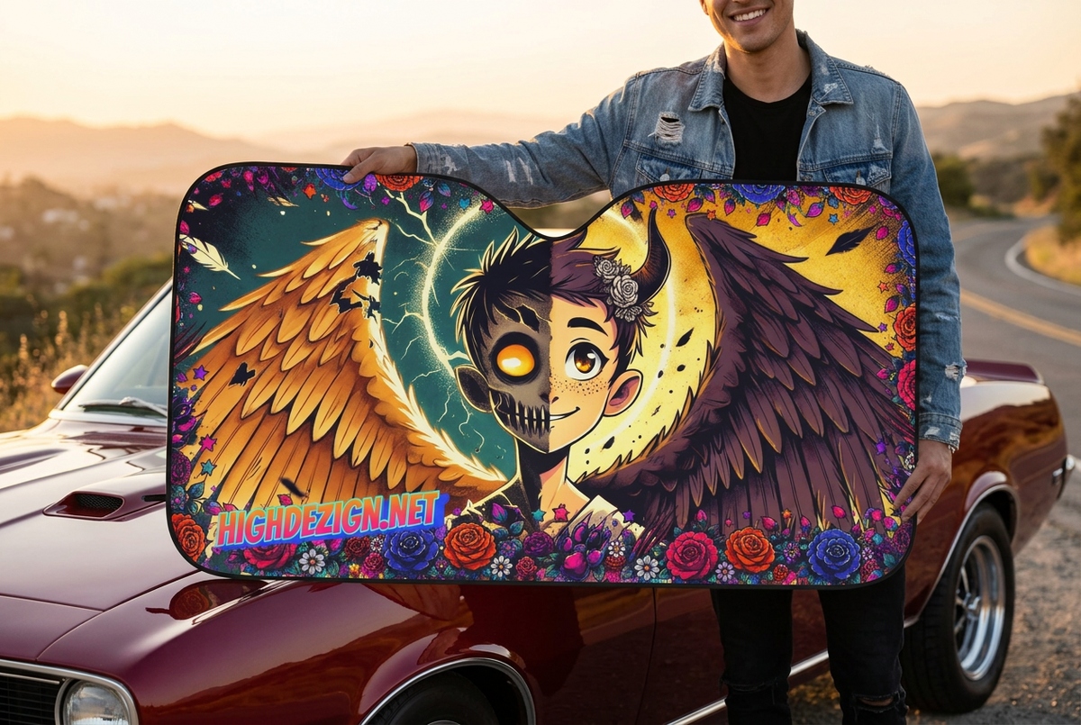 A person stands beside a red classic car on a road at sunset, holding up a large rectangular sun shield. The sun shield features a colorful fantasy illustration with large golden and brown wings, a stylized face with a flower in the hair, lightning, and floral borders.