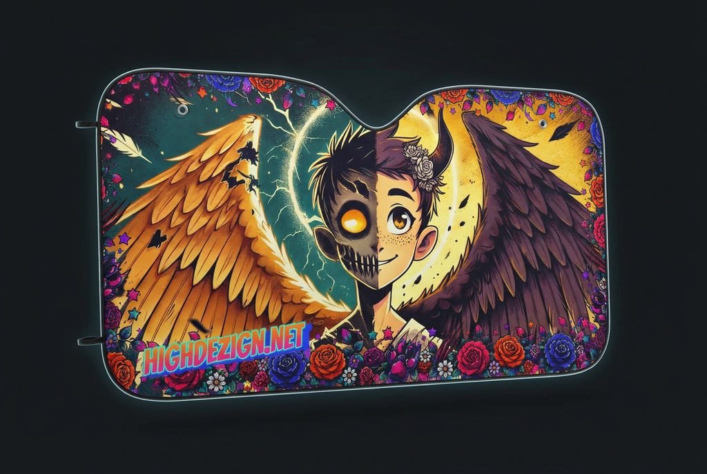 A car sun visor with a highly detailed, colorful graphic print featuring a horned skull character, large golden and dark wings, and a floral border, shown against a dark background.