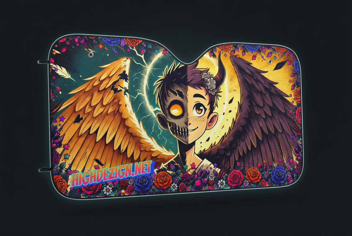 A car sun visor with a highly detailed, colorful graphic print featuring a horned skull character, large golden and dark wings, and a floral border, shown against a dark background.