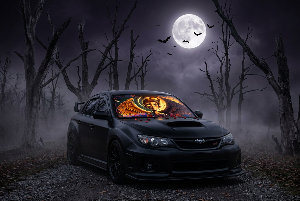 A black Subaru sedan parked in a misty, bare-tree forest at night under a full moon, with a large colorful graphic print displayed across the windshield.